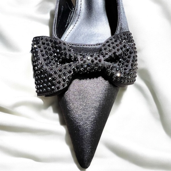 Size 9………Black Satin Rhinestone Bow Buckle Heels.  PUBLIC DESIRE - Picture 1 of 8
